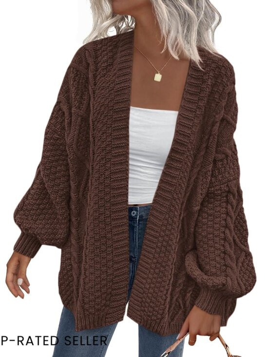Sweaters - Oversized Cable Knit Cardigan Chunky Lantern Sleeve Open Front Sweater Cozy
